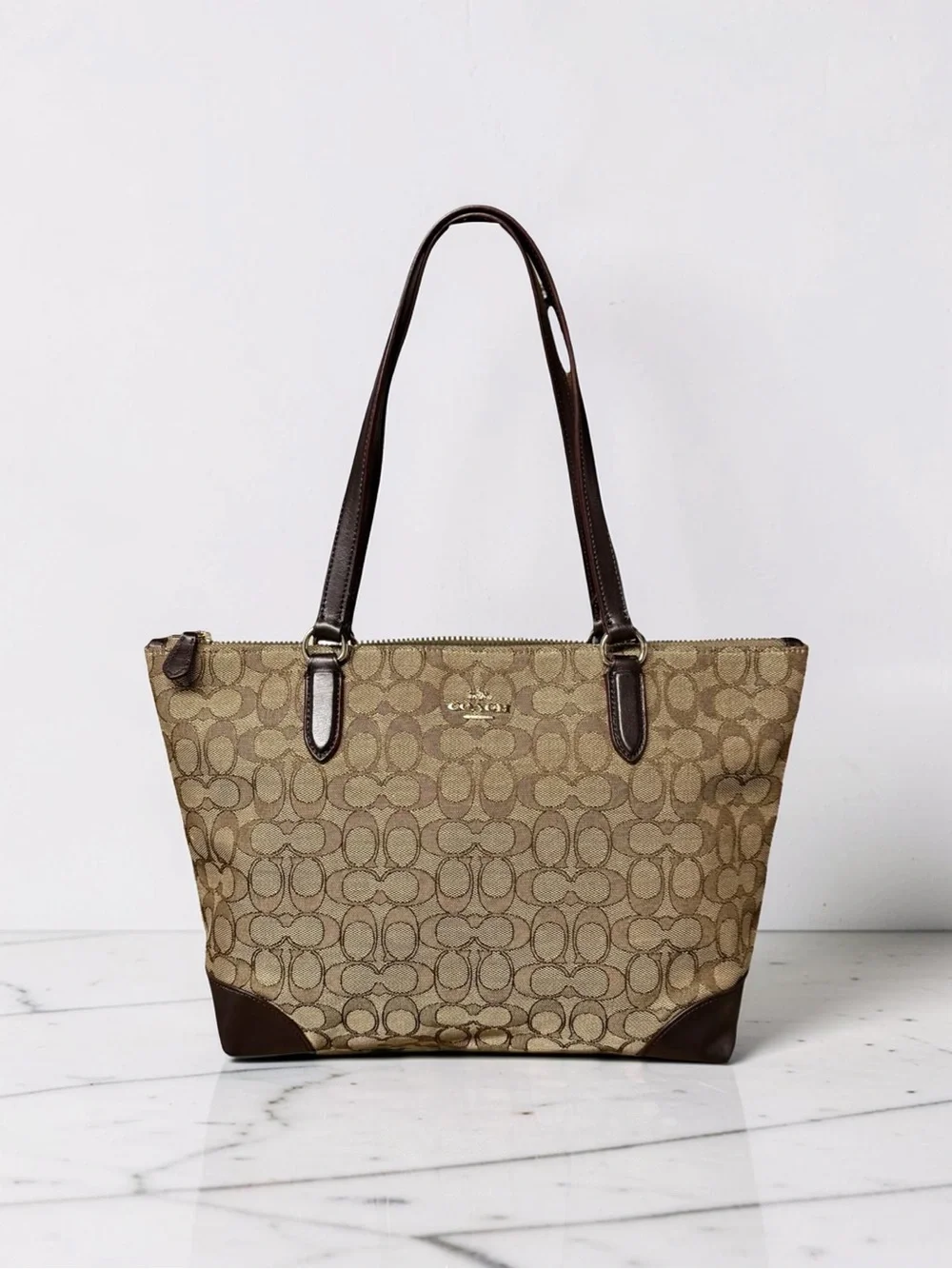 Coach Signature Zip Top Tote Khaki Dark Brown Canvas F29958 Excellent